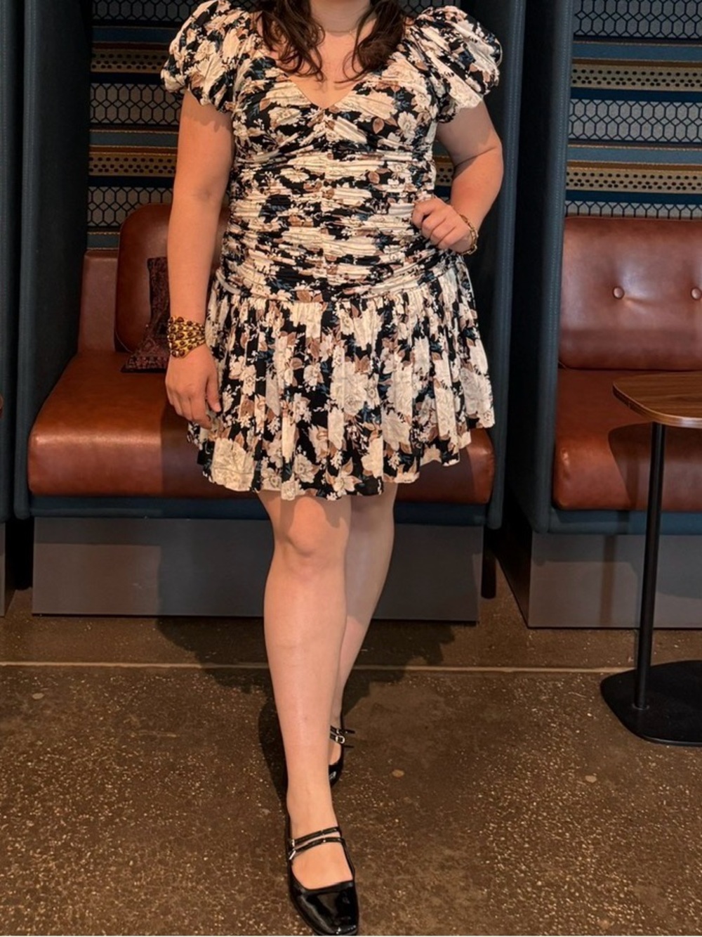 Abercrombie & Fitch Black Floral Ruched V-Neck Mini Dress